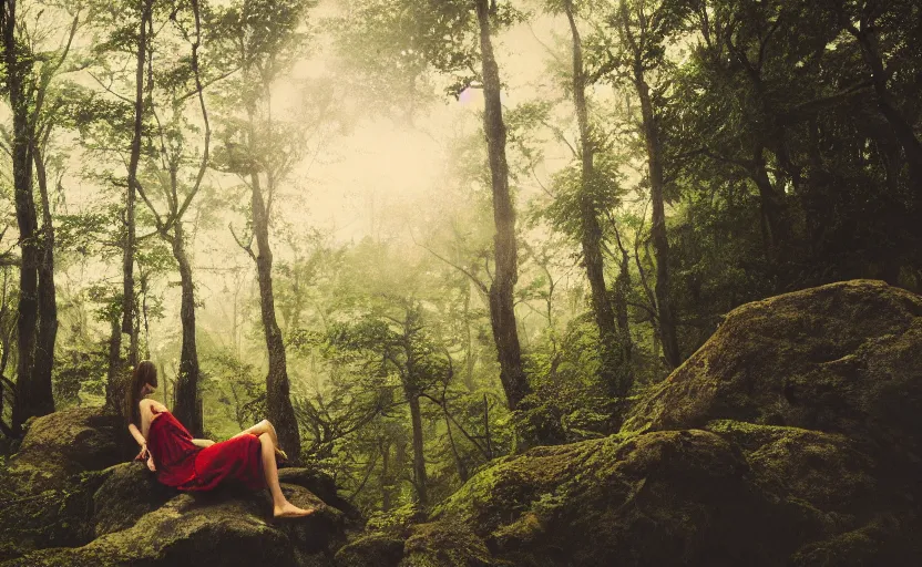 Prompt: a beautiful painting of a lonely wandering soul, resting in a forest sitting on a boulder, listening to the quiet and the breeze, smiling and looking up at the trees, by elizabeth gadd