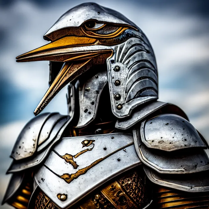 Image similar to photo of a warrior with metal pelican themed armour, highly detailed, 4 k, hdr, smooth, sharp focus, high resolution, award - winning photo