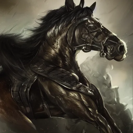 Prompt: splash art of a titanically muscular black - coated anthropomorphic horse in a research facility wearing a combat kevlar outfit, long white mane of hair coming out of his helmet, highly detailed, furry, furaffinity, digital painting, artstation, sharp focus, illustration, art by artgerm, greg rutkowski, alphonse mucha