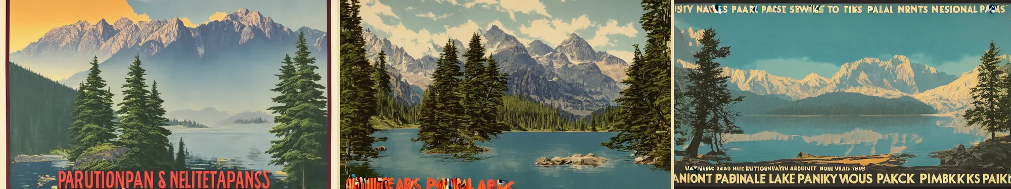 Prompt: mountains, trees, and lake, vintage national parks poster