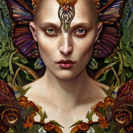 Prompt: a baroque neoclassicist closeup renaissance portrait of a beautiful forest queen with glowing eyes, moth wings with iridescent geometric patterns, reflective detailed textures, dark fantasy science fiction painting by diego rivera and donato giancola and jean delville and nicholas roerich and tom bagshaw, goth, dramatic lighting, gleaming silver and rich colors, artstation, octane render