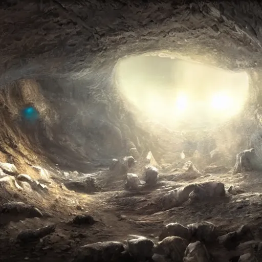 Prompt: beautiful matte painting of a cave with glowing crystals on the walls and bone piles on the floor, fantasy, sharp focus