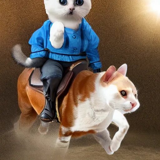 Image similar to a cat riding a dog riding a horse, realistic, 4k