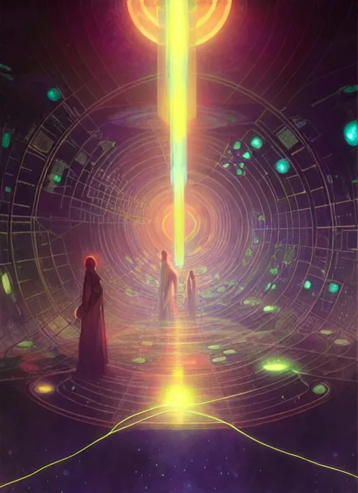 Image similar to high depth, collective civilization peace, calm, healing, resting, life, hybrids, scifi, glowing lights!!, published concept art, mixed medias, image overlays, sharp focus, thin glowing wires, winning illustration, art by greg rutkowski and alphonse mucha, singularity!!!, 3 6 0 projection