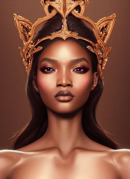 Image similar to portrait of princess, intricate, sharp focus, octane render, realistic, photo, detailed, beautiful, brown skin, unreal engine, symmetrical!!, loreal, maybelline, sephora, loreal, artstation, art by artgerm, rossdraws, karol bak, makeup by pat mcgrath, cinematic, concept art, filmic, vsco