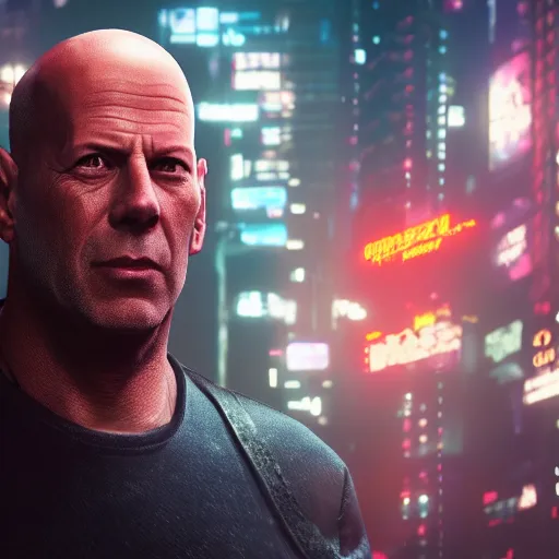 Image similar to bruce willis portrait, cyberpunk 2 0 7 7, cyberpsycho, photorealistic, ultra detailed, neon, octane, bokeh, cyber, cyberpunk city, feature, scars, cyberface, 8 k