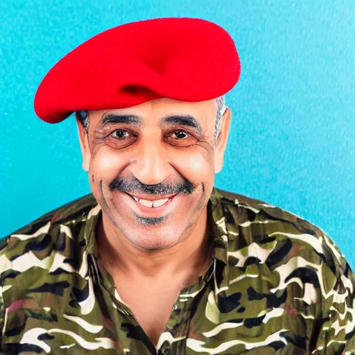 Prompt: professional portrait of a smiling middle aged arab man wearing military camouflage and a red beret, rainbow background, 8 k, intricate, detailed,