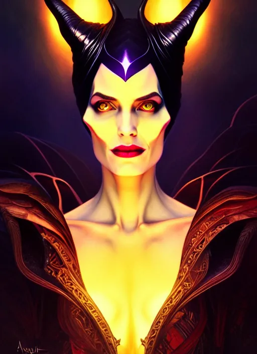 Prompt: symmetry portrait of maleficent, glowing lights, intricate, elegant, highly detailed, digital painting, artstation, concept art, smooth, sharp focus, illustration, art by artgerm and greg rutkowski and alphonse mucha