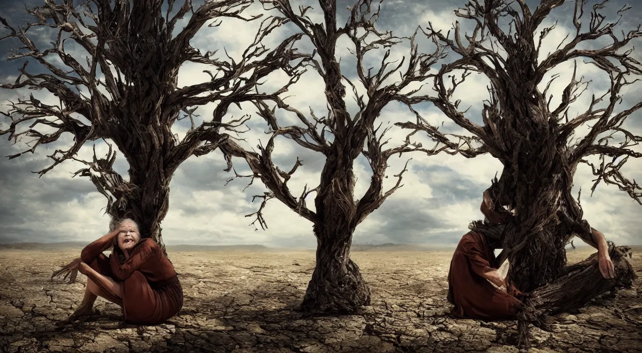 Image similar to 65-year-old tree-woman crying one single tear, facing the camera and sitting on a dried up river in a desolate land, blue sky, hot and sunny, highly-detailed, elegant, dramatic lighting, artstation, 4k, cinematic landscape, photograph