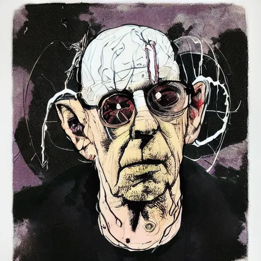 Prompt: Graphic Illustration, Creative Design, Future man, Biopunk, Full Body Portrait, Character Design, by Ralph Steadman, Francis Bacon, Hunter S Thompson