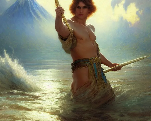 Image similar to attractive male wizard casting powerful giant tsunami spell in a beautiful lake. highly detailed painting by gaston bussiere, craig mullins, j. c. leyendecker 8 k