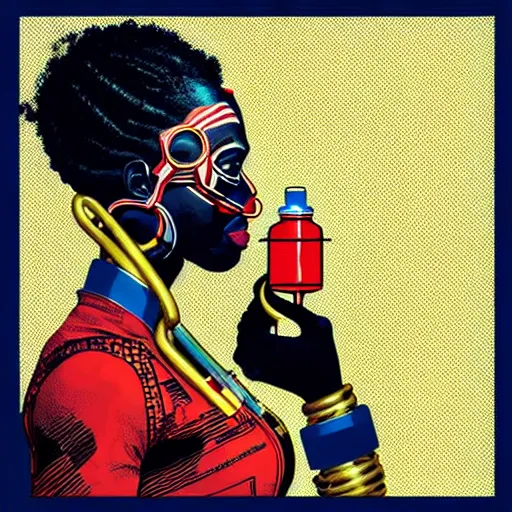 Prompt: a profile photo of a african woman with a diving oxygen mask with side profile blood in ocean intricate details by MARVEL comics and Sandra Chevrier-C