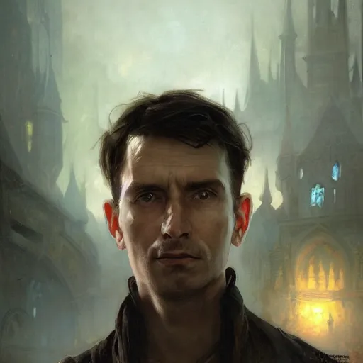 Image similar to closeup portrait of an artificer, male, dark hair, wizard, serious face, dungeons and dragons character, dramatic lighting, castle background, gorgeous view, realistic, high detail, digital art, painted by greg rutkowski, painted by jeremy mann, painted by alphonse mucha, trending on artstation