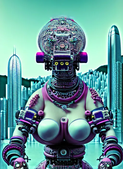 Prompt: portrait of an absurdly ugly, awful disgusting fat gross woman, fashionable cyberpunk mechanoid, hong kong city background, hyperdetailed illustration by irakli nadar and alexandre ferra, intricate linework, white porcelain skin, faberge, coral headdress, unreal engine 5 highly rendered, global illumination, radiant light, detailed and intricate environment