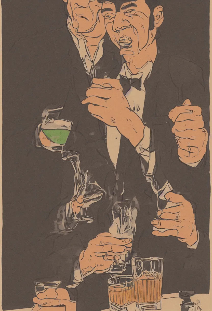 Image similar to a man drinking whiskey on his birthday, highly detailed 2 d illustration in matte colors