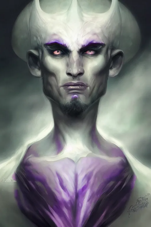 Image similar to male djinn man demon hybrid, portrait, concept art, purple cloak, single face, illustration, costume design, white spiral horns, editorial photo, fashion, hyperrealism, realism, trending on artstation, Charlie Bowater, WLOP