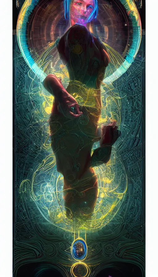 Prompt: tarot card, altered carbon, neon, fibonacci, sweat drops, insane intricate, highly detailed, digital painting, artstation, concept art, smooth, sharp focus, illustration, unreal engine 5, 8 k, art by artgerm and greg rutkowski and alphonse mucha