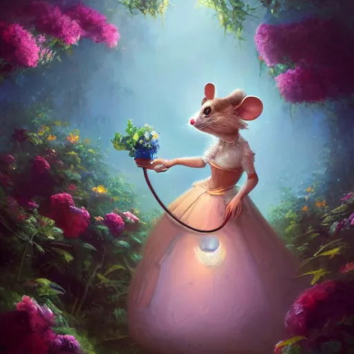 Image similar to an anthropomorphic mouse girl wearing a ball gown and holding a flower, garden, summer, 8k resolution matte fantasy painting, cinematic lighting, DeviantArt, Artstation, Jason Felix Steve Argyle Tyler Jacobson Peter Mohrbacher