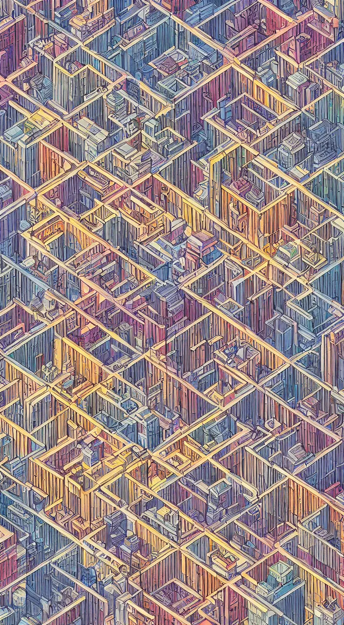 Prompt: isometric drawing of a fictional dense city, in style of rem koolhaas, peter eisenman, warm color palette, very detailed, very elaborate