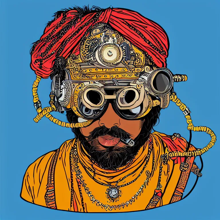 Image similar to face portrait of an indian man with long neon moustache rajasthani pagdi wearing madmax style steampunk goggles and steampunk jewelry, art by butcher billy, sticker, colorful, illustration, highly detailed, simple, smooth and clean vector curves, no jagged lines, vector art, smooth