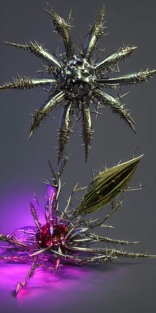 Prompt: 3 d photographic render of asymmetric metallic flower sculpture with thorns, bioluminescent chrometype, made of liquid metal, neotribal with thorns and thunders, cyberpunk, raytracing, hyper realistic, volumetric lightning, 8 k, by zhelong xu and ouchh studio