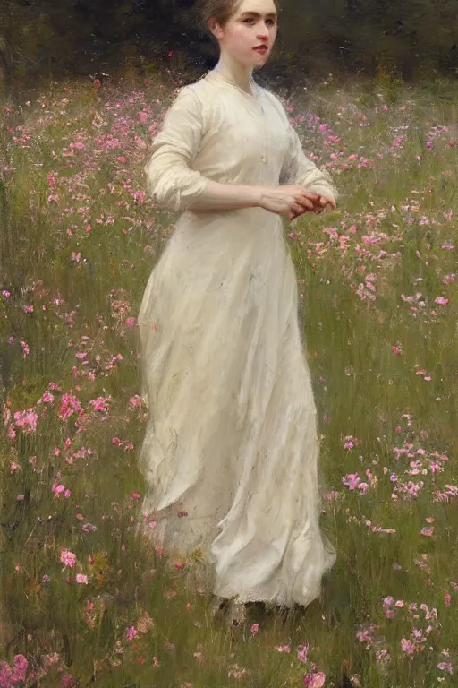 Image similar to Richard Schmid and Jeremy Lipking full length portrait painting of a young beautiful edwardian girl walking through a field of tall flowers