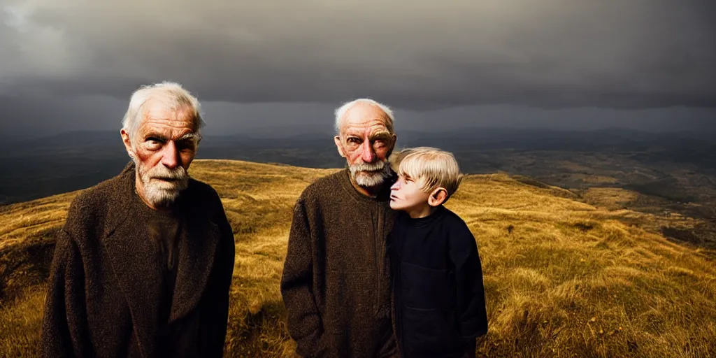 Prompt: portrait of a handsome old man and his son on top of a mountain overlooking a small village with moody lighting golden hour highly detailed sharp zeiss lens 1. 8 high contrast wolfgang tillmans ryan mcginley david armstrong robert mappelthorpe deanna lawson