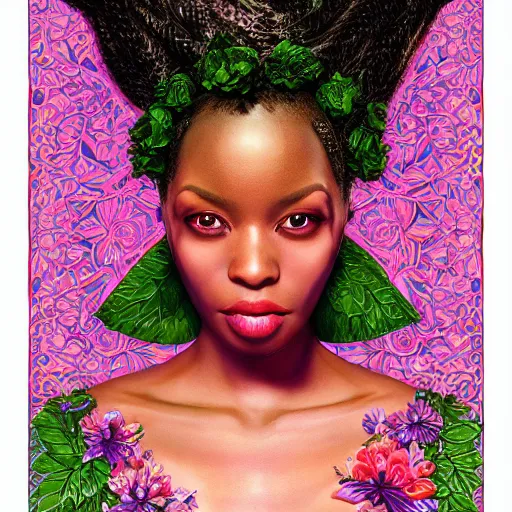 Image similar to the portrait of an absurdly beautiful, graceful, elegant, sophisticated, fashionable black woman made of strawberries and green petals looking up, an ultrafine hyperdetailed illustration by kim jung gi, irakli nadar, intricate linework, bright colors, octopath traveler, final fantasy, unreal engine 5 highly rendered, global illumination, radiant light, detailed and intricate environment