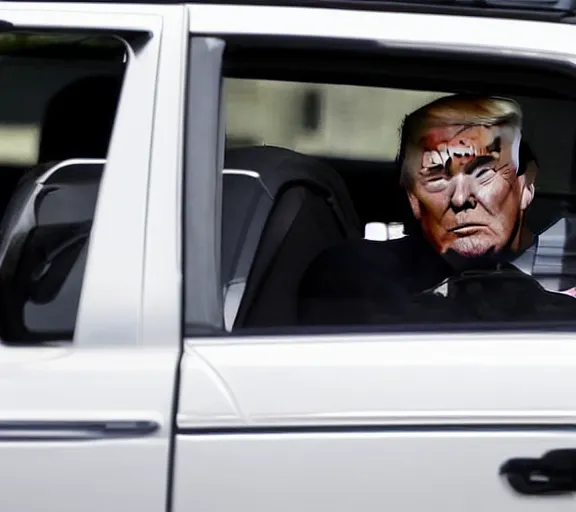 Image similar to close up photo donald trump driving white suv, freeway, police cars, ap news photo