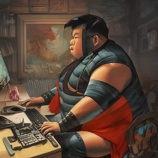 Image similar to a insanely detailed painting of a slightly overweight asian man wearing a homemade superhero costumed, sitting at a computer desk nervously typing on the keyboard, in the style of peter mohrbacher, dramatic lighting and composition, trending on artstation, concept art, comic book, graphic novel