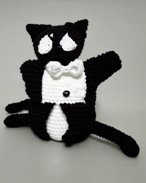 Prompt: cute crocheted black cat wearing a tuxedo, calico critter