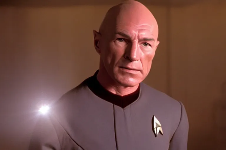 Prompt: A film still of Dax Sheppard starring as a Captain Picard in a Star Trek: The Next Generation, sitting in Ten Forward, dramatic lighting