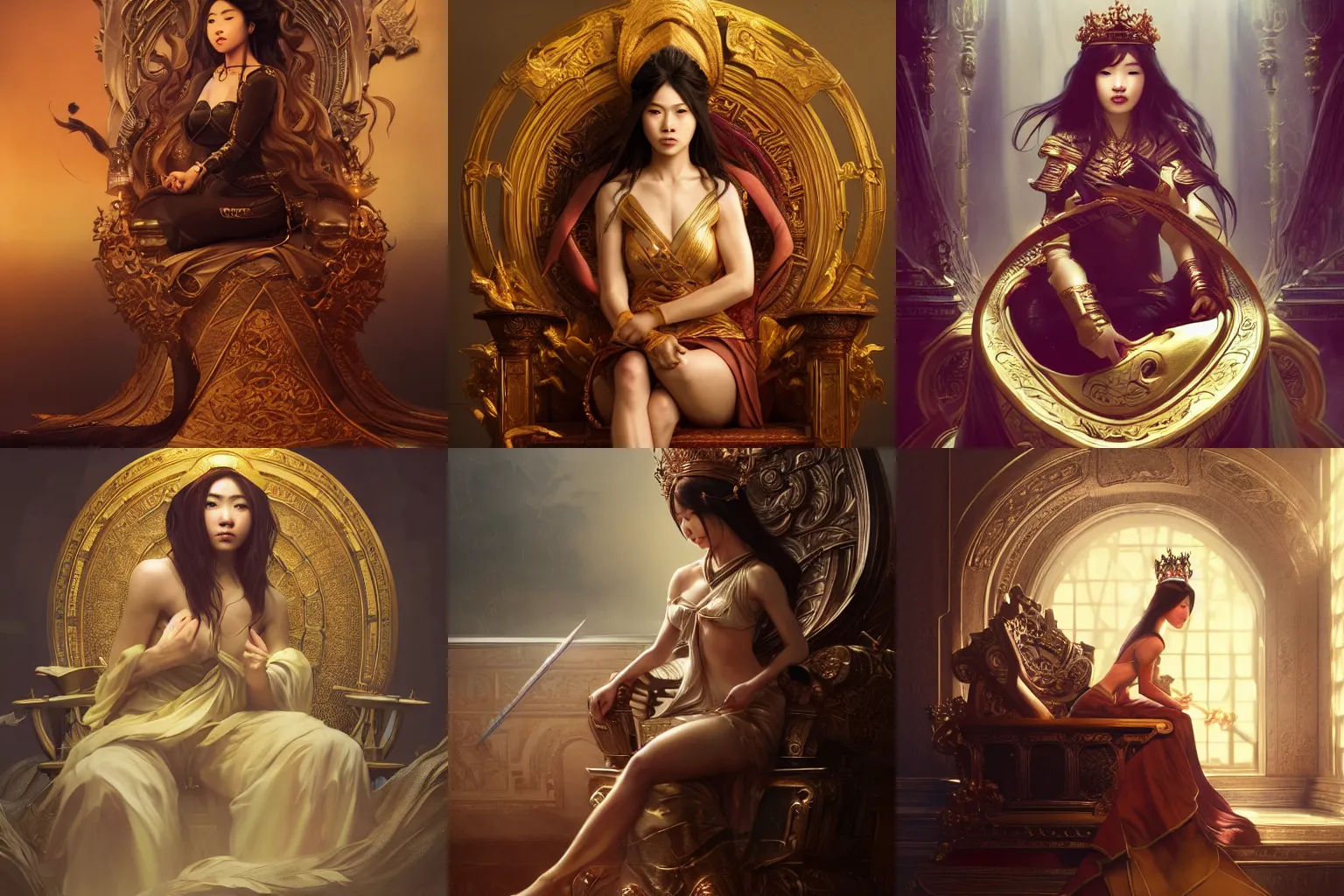 Prompt: a photorealistic dramatic fantasy render of a strong fierce beautiful young asian queen with medium length hair sitting on her throne by wlop, artgerm, greg rutkowski, alphonse mucha, beautiful dynamic dramatic dark moody lighting, shadows, cinematic atmosphere, artstation, concept design art, octane render, 8 k