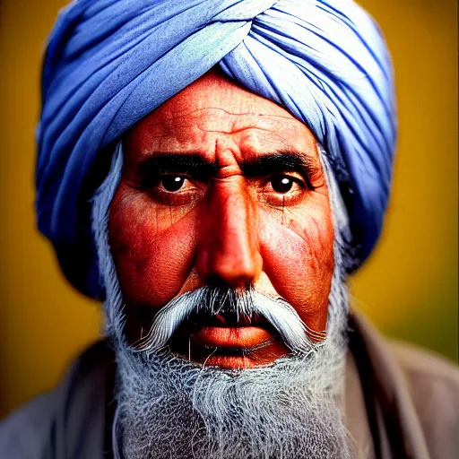 Image similar to portrait of president millard fillmore as afghan man, green eyes and red turban looking intently, photograph by steve mccurry