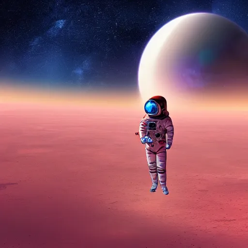 Prompt: A wide angle shot from below of a female astronaut with a feminine body walking with swagger towards camera on mars in an infinite universe , synthwave digital art
