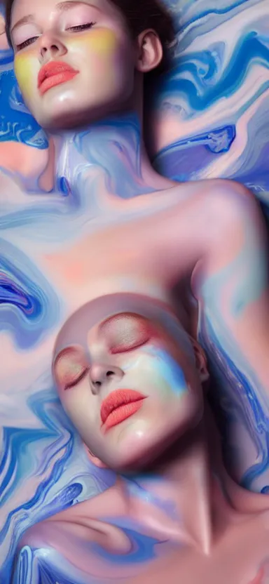 Image similar to 3 d female body silhouette sleeping in marbling liquid acrylic fluid, cinestill, bokeh photography, photography by amy leibowitz and volfgang schneider, bodypainting, painting by morava and goldalh, artstation, epic concept art, beautiful female face matte painting