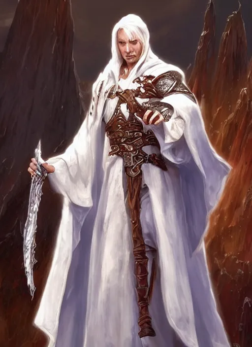 Image similar to white cloak holy priest, ultra detailed fantasy, dndbeyond, bright, colourful, realistic, dnd character portrait, full body, pathfinder, pinterest, art by ralph horsley, dnd, rpg, lotr game design fanart by concept art, behance hd, artstation, deviantart, hdr render in unreal engine 5