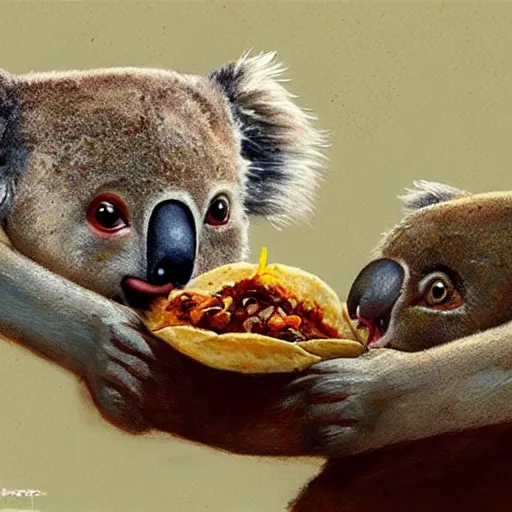 Image similar to a portrait of a koala eating a taco, concept art, trending on art station, by marc simonetti