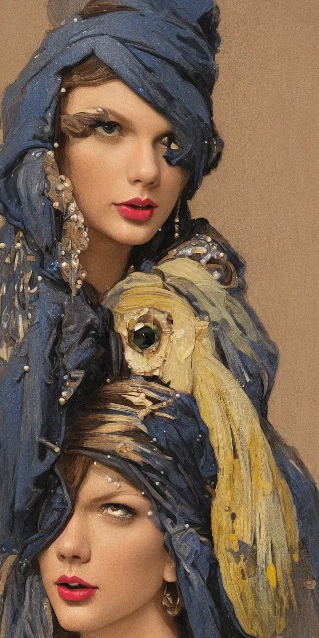 Image similar to Taylor Swift as the girl with the pearl earring, highly detailed, digital painting, artstation, concept art, smooth, sharp focus, illustration, ArtStation, art by artgerm and greg rutkowski and alphonse mucha and J. C. Leyendecker and Edmund Blair Leighton and Katsuhiro Otomo and Geof Darrow and Phil hale and Ashley wood and Ilya repin and Charlie Bowater