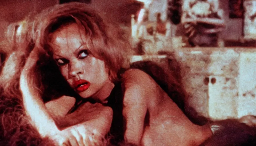 Prompt: 7 0 s film still from a horror movie starring pamela anderson, kodachrome, cinecolor, cinestill, film grain, film texture, retro, cinematic, high resolution, photorealism,