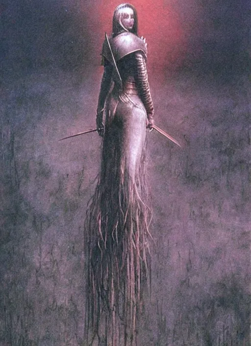 Prompt: knight girl by Beksinski and Luis Royo