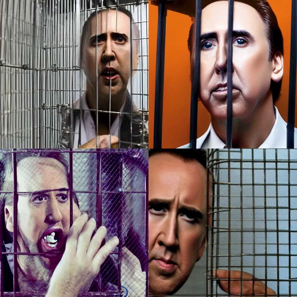 Prompt: nicholas cage stuck inside a small cage