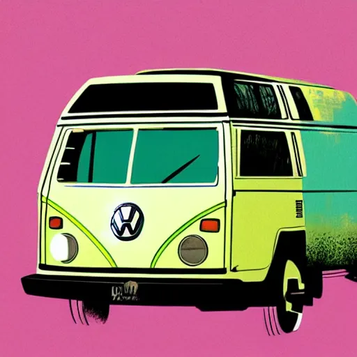 Image similar to illustration of an old van volkswagen, may 6 8, pastel colors, cool, hippie by victo ngai