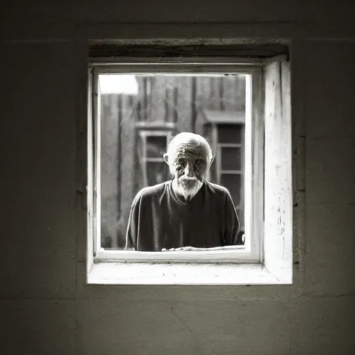 Prompt: a featureless old man seen through a window