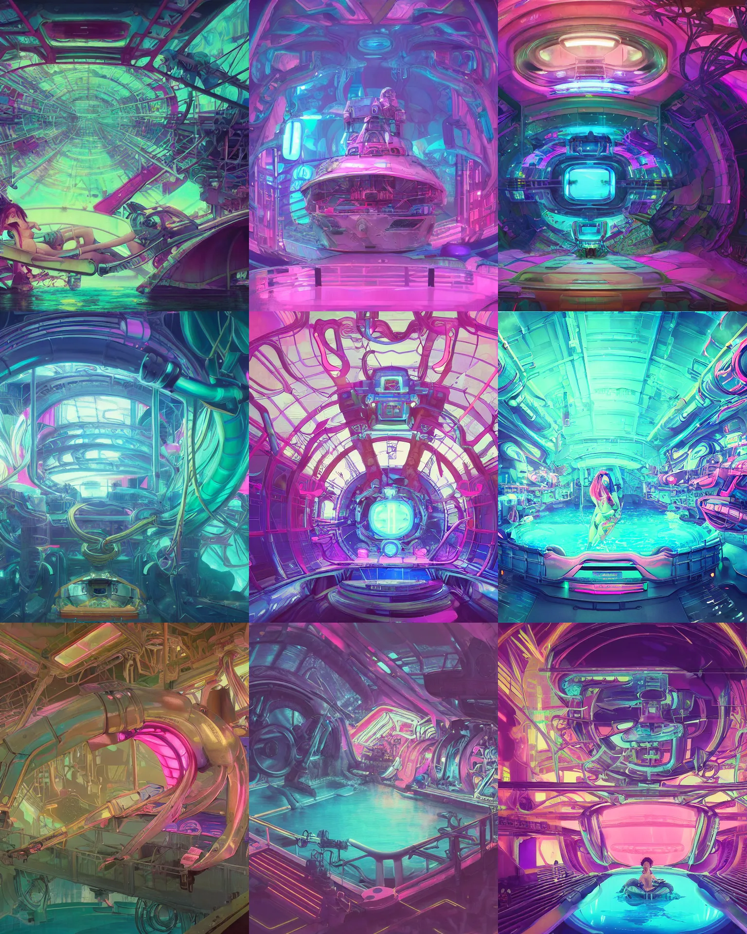Prompt: the inside of a the inside of a seapunk Mecha stomach tank with glowing pink water lazy river under water, dark, stomach, cinematic lighting, lined with neon tube lights, vaporwave , digital art, artstation, by WLOP, Ilya repin, alphonse mucha. Dynamic perspective mouth, Very highly detailed 8K, octane, Digital painting, the golden ratio, rational painting