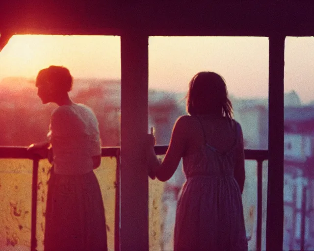 Image similar to lomo photo of pair standing on small hrushevka balcony full with cigarette smoke in small russian town looking at sunset, cinestill, bokeh