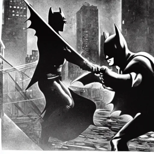 Prompt: a close - up old black and white photo, 1 9 1 3, depicting batman fighting a bad guy in an ally of new york city, rule of thirds, historical record