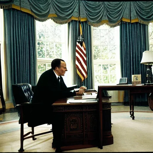 Prompt: President Nixon working late in the Oval Office. White House photo. Dramatic lighting, color.