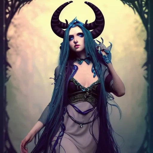 Image similar to wide angle, necromancer tiefling, blue dress, 2 jeweled horns, focused, forest, female, d & d, fantasy, intricate, elegant, highly detailed, long black hair, digital painting, artstation, octane render, concept art, matte, sharp focus, illustration, hearthstone, art by artgerm, alphonse mucha johannes voss