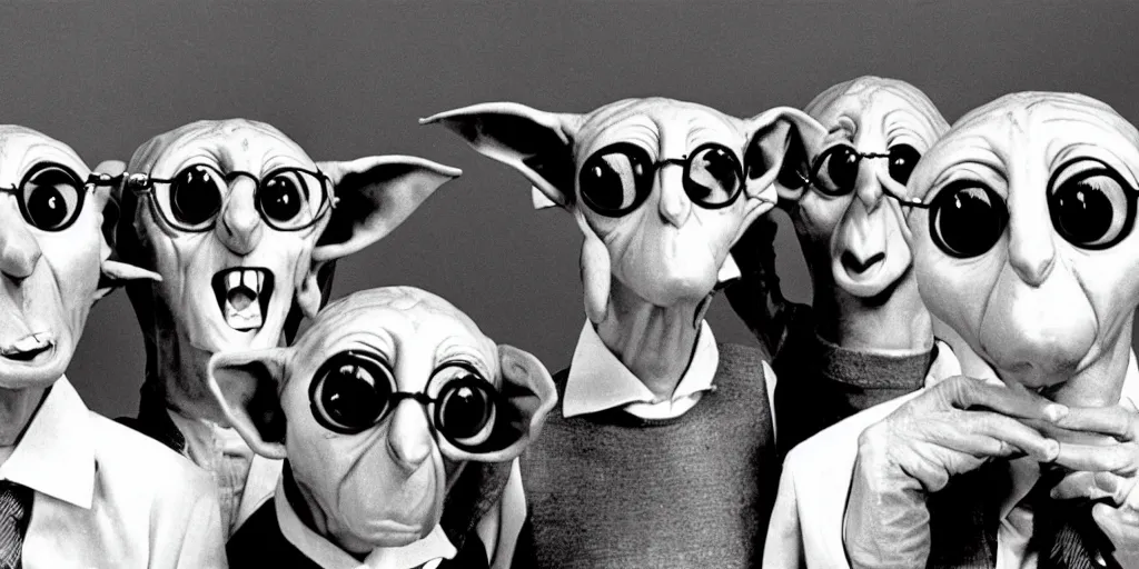 Prompt: six eyed dobby coneheads 1980s pop band, 1980s surrealism aesthetic, detailed facial expressions